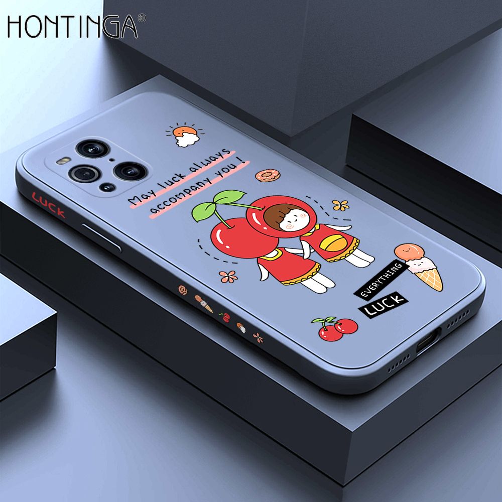 Hontinga for OPPO Find X3 / Find X3 Pro Case Side Design Cute Cherry Girl Back Cover Soft Square Edge Pattern Liquid Silicone Trend Phone Cases