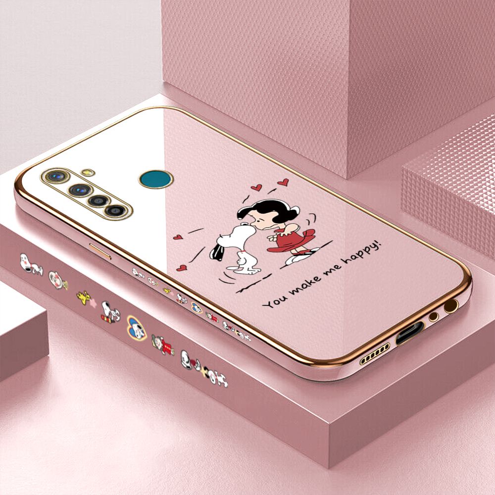 Luxury 6D Plating Case for Realme 5 Pro Cartoon Happy Puppy Side Pattern Back Cover Soft Silicone Square Phone Cases + Free Lanyard