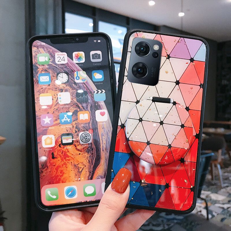 Case For OPPO Reno 7 Back Cover Shiny Gold Foil Phone Soft Back Cover with Strap for OPPO Reno7 Protective Rhombus Geometry Design Back Cover Case with Makeup Mirror