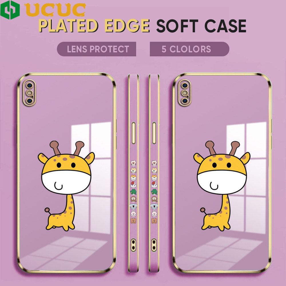 UCUC for iPhone X XS Back Cover + Free Lanyard Big Head Giraffe Luxury 6D Plating Case Side Pattern Soft Silicone Square Phone Cases
