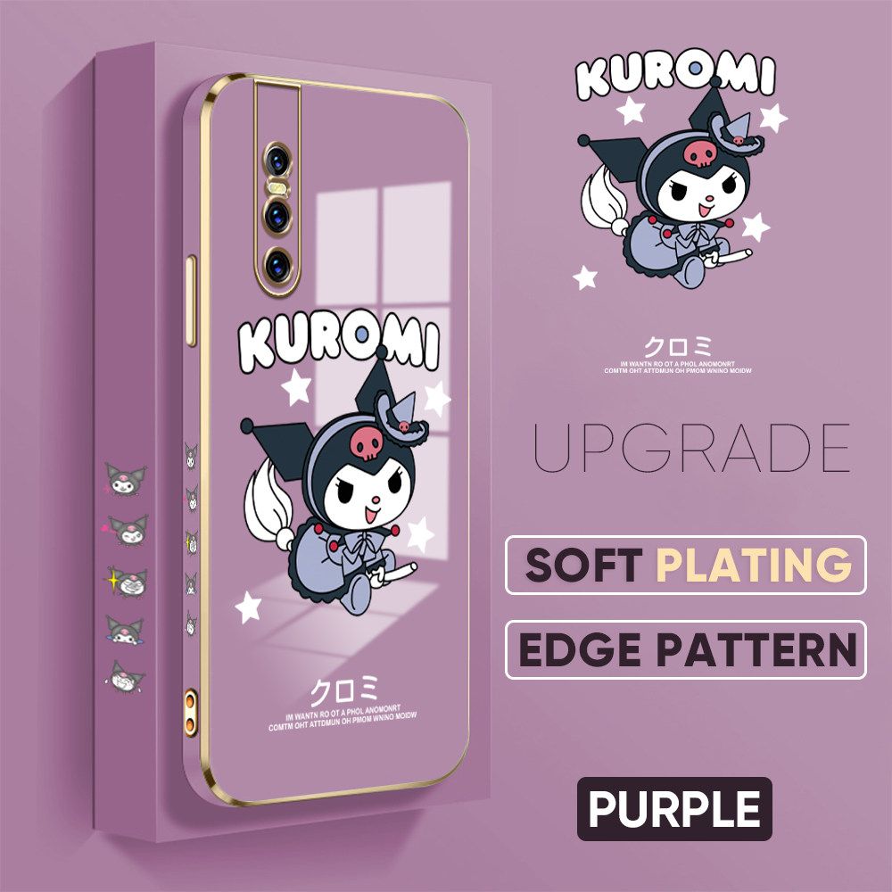 TA for Vivo V15 Pro Back Cover + Free Lanyard Cute Kuromi Luxury 6D Plating Case Side Pattern Soft Silicone Square Phone Cases