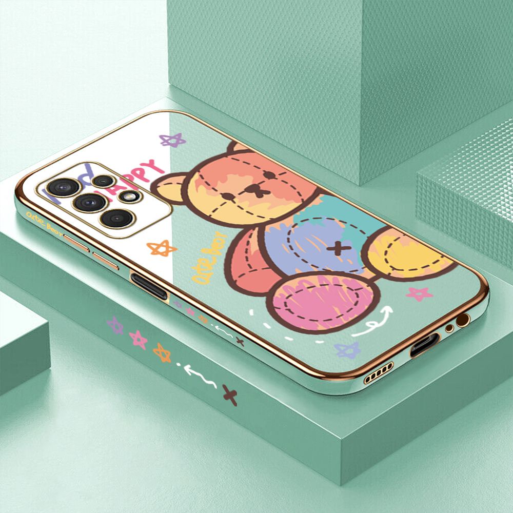 Luxury 6D Plating Case for Samsung A32 5G Color Cartoon Doll Bear Side Pattern Back Cover Soft Silicone Square Phone Cases + Free Lanyard