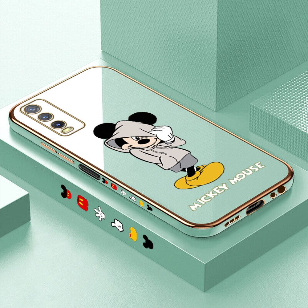 Luxury 6D Plating Case for Vivo Y20 Cartoon Cool Mouse Side Pattern Back Cover Soft Silicone Square Frame Shiny Bling Phone Cases + Free Lanyard
