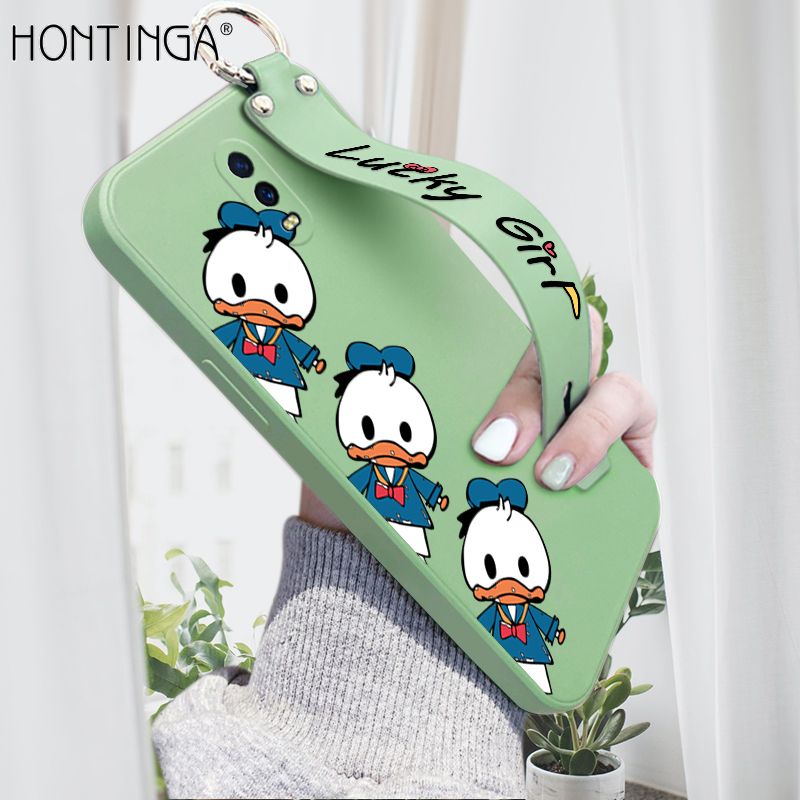 Hontinga for OPPO R17 Wrist Strap Case Cute Cartoon Little Duck Phone Case Square Edge Liquid Silicone Case Full Cover Camera Shockproof Protective Cases