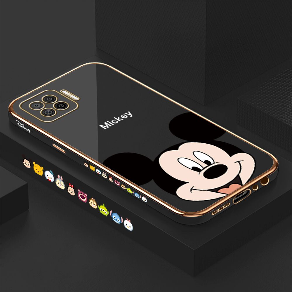 Luxury 6D Plating Case for OPPO F17 A73 2020 Cartoon Big Head Mouse Side Pattern Back Cover Soft Silicone Square Phone Cases + Free Lanyard