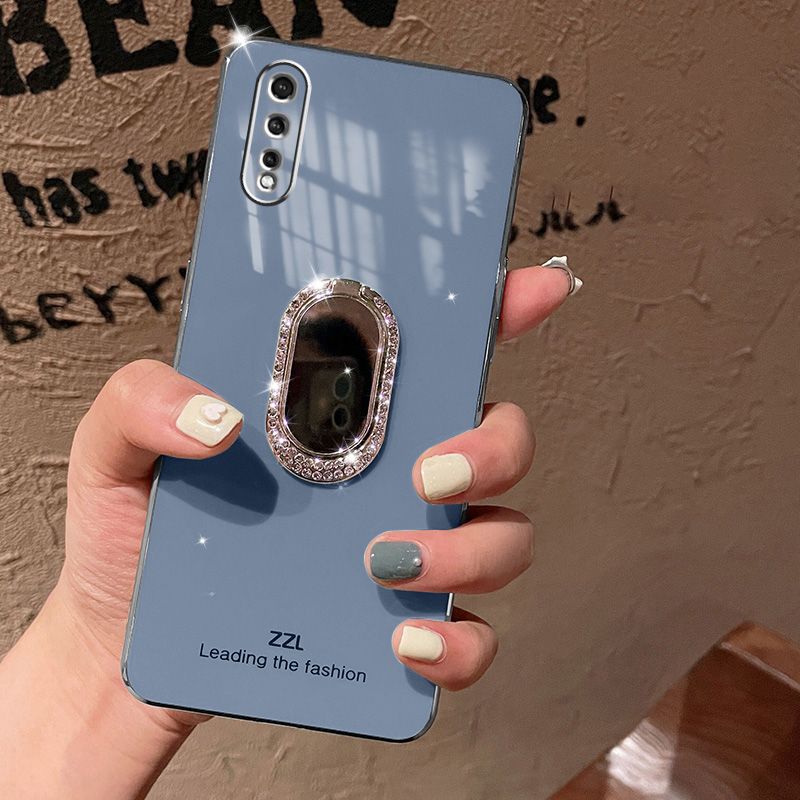 For Vivo S1 Back Cover + Rhinestone Ring Holder Stand Shiny Plating Square Bumper Girls Phone Case Soft TPU Silicone Shockproof Protective Cover