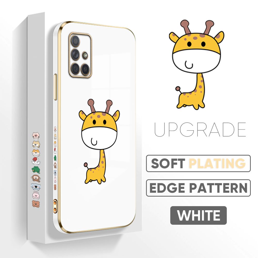 Jizetin (Free Lanyard) Samsung A71 Cover Big Head Giraffe Luxury 6D Plating Soft Casing Silicone Square Frame Phone Case Shiny Bling Back Cover