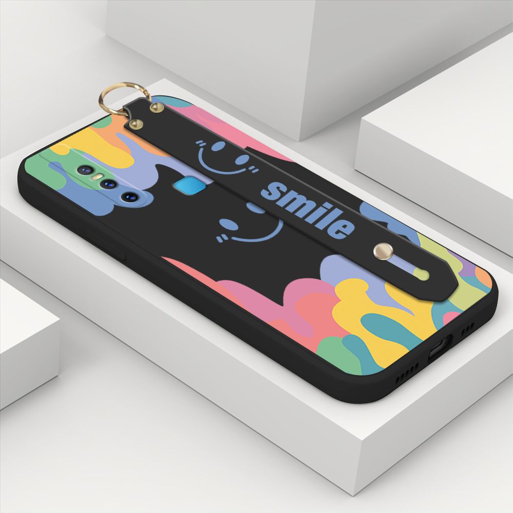 ZeroQiQi for Vivo V15 Wrist Strap Case Soft Candy Color Splash Ink Cover Trend Square Printed Pattern Liquid Silicone Phone Case