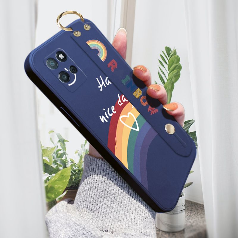 Jizetin for Realme V11 5G Wrist Strap Case INS Style Smile Rainbow Cover Ultra Thin Anti Fall Liquid Silicone Phone Case