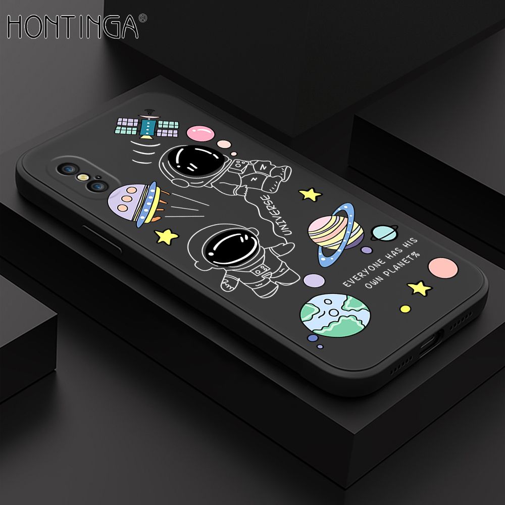 Hontinga for iPhone X XS Case Fashion Earth Planet Astronaut Phone Case Soft Square Edge Silicone Cases Full Lens Cover Shockproof Protection Cover