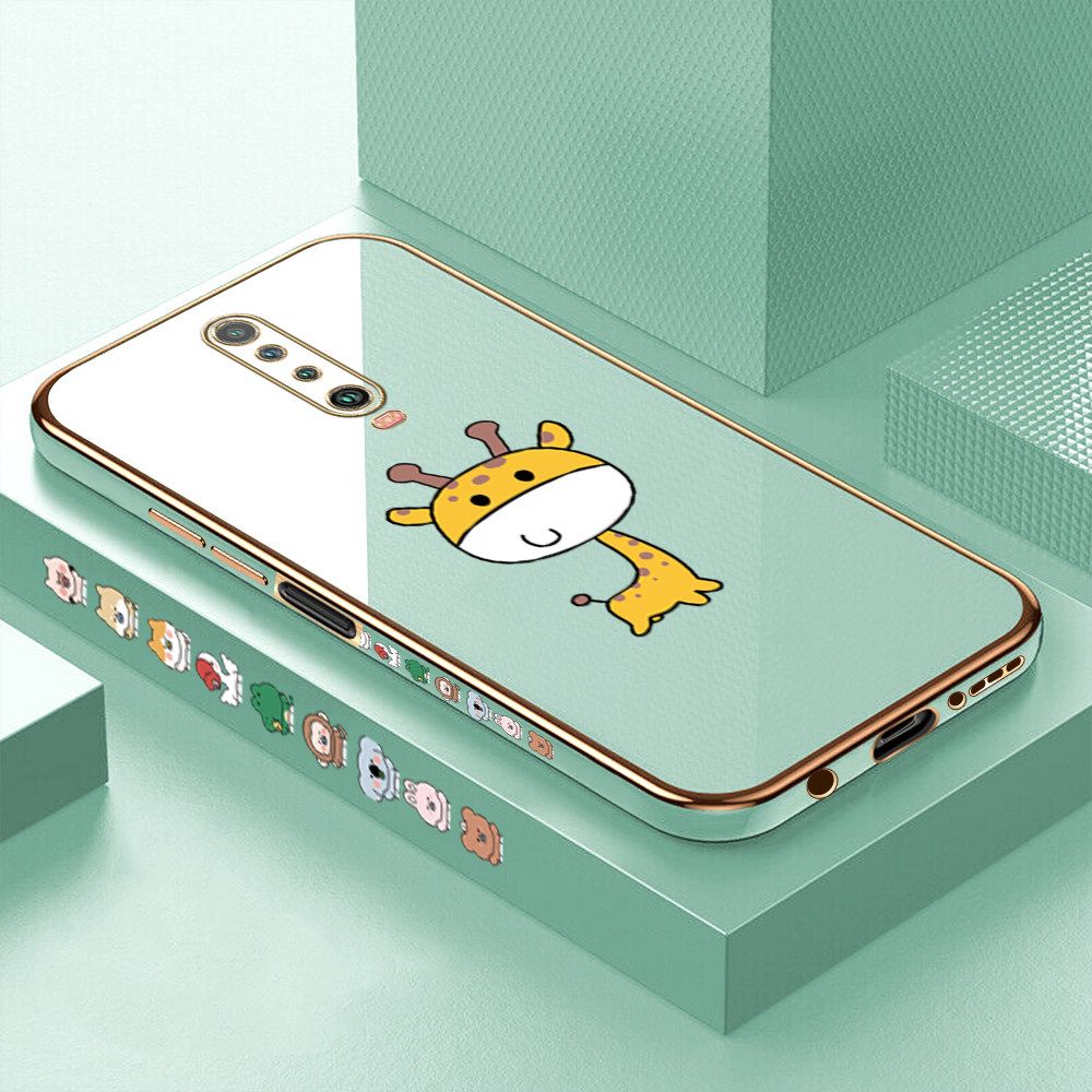 Luxury 6D Plating Case for Redmi K30 Color Cute Giraffe Side Pattern Back Cover Soft Silicone Square Frame Shiny Bling Phone Cases + Free Lanyard