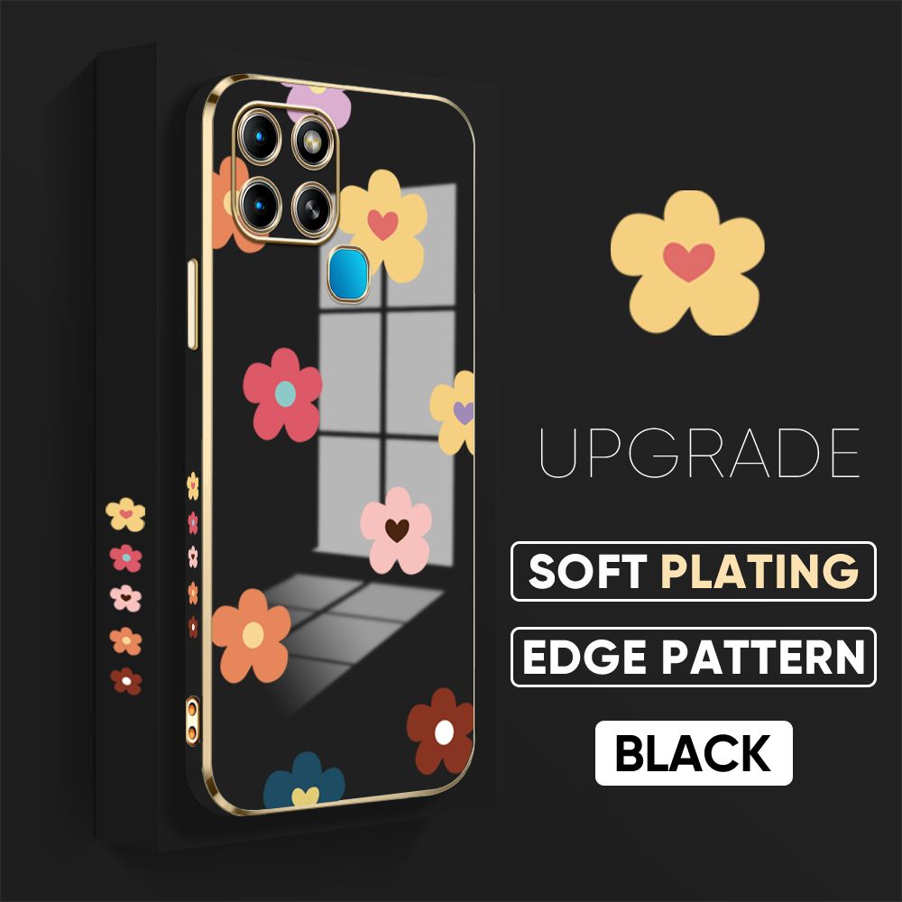 Jizetin (Free Lanyard) Infinix Smart 6 Back Cover Falling Flowers Luxury 6D Plating Case Side Pattern Soft Silicone Square Phone Cases