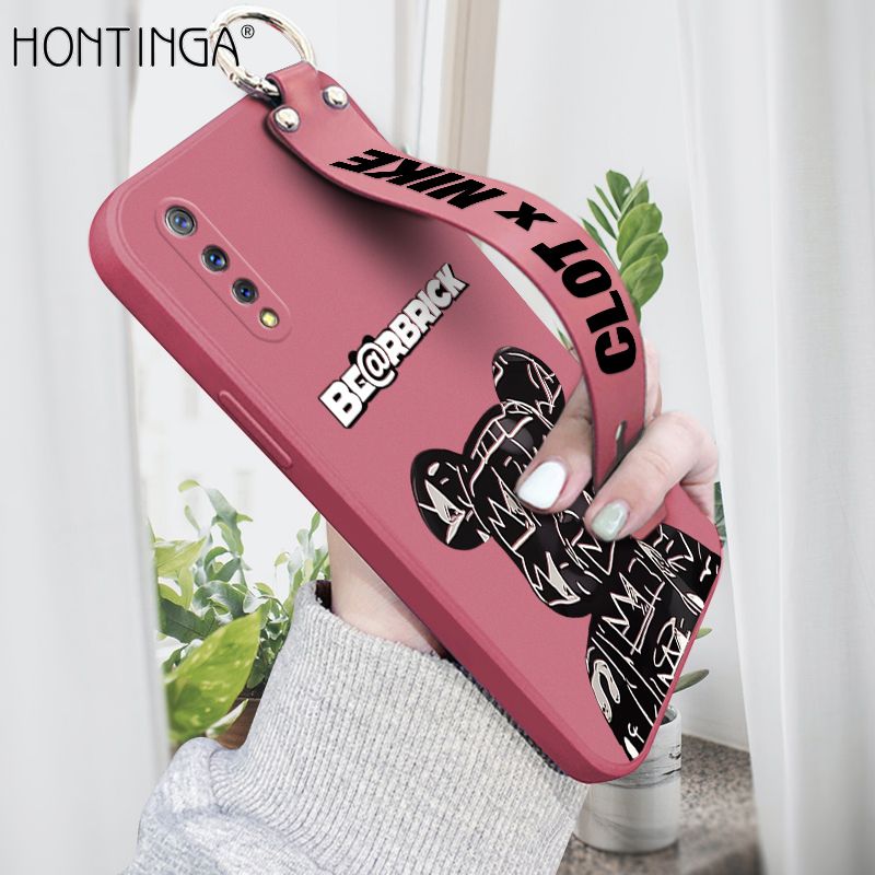 Hontinga for Vivo S1 Wrist Strap Case Fashion Black Brand Bear Phone Case Square Edge Liquid Silicone Cases Full Cover Camera Shockproof Protection Cases