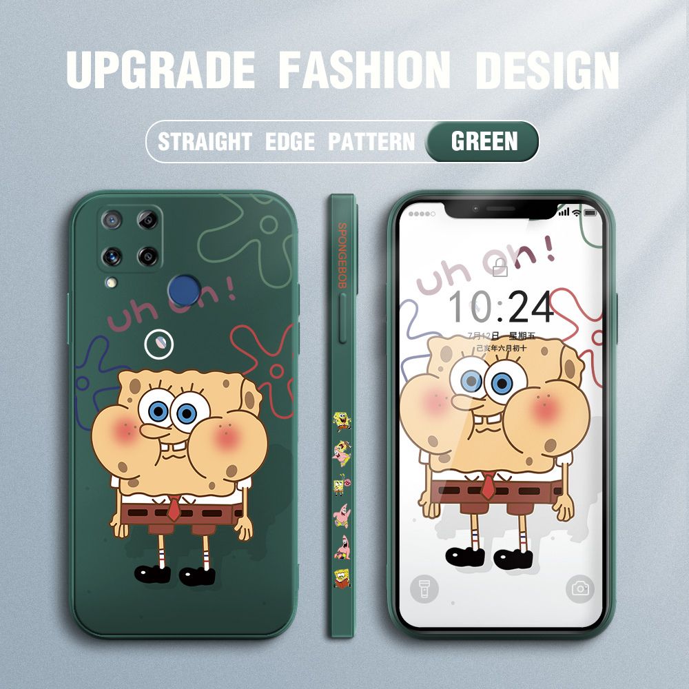 Jizetin for Realme C15 Case Side Design Phone Cover New Cartoon SpongeBob SquarePants Cover Square Edge Pattern Liquid Silicone Trend Case