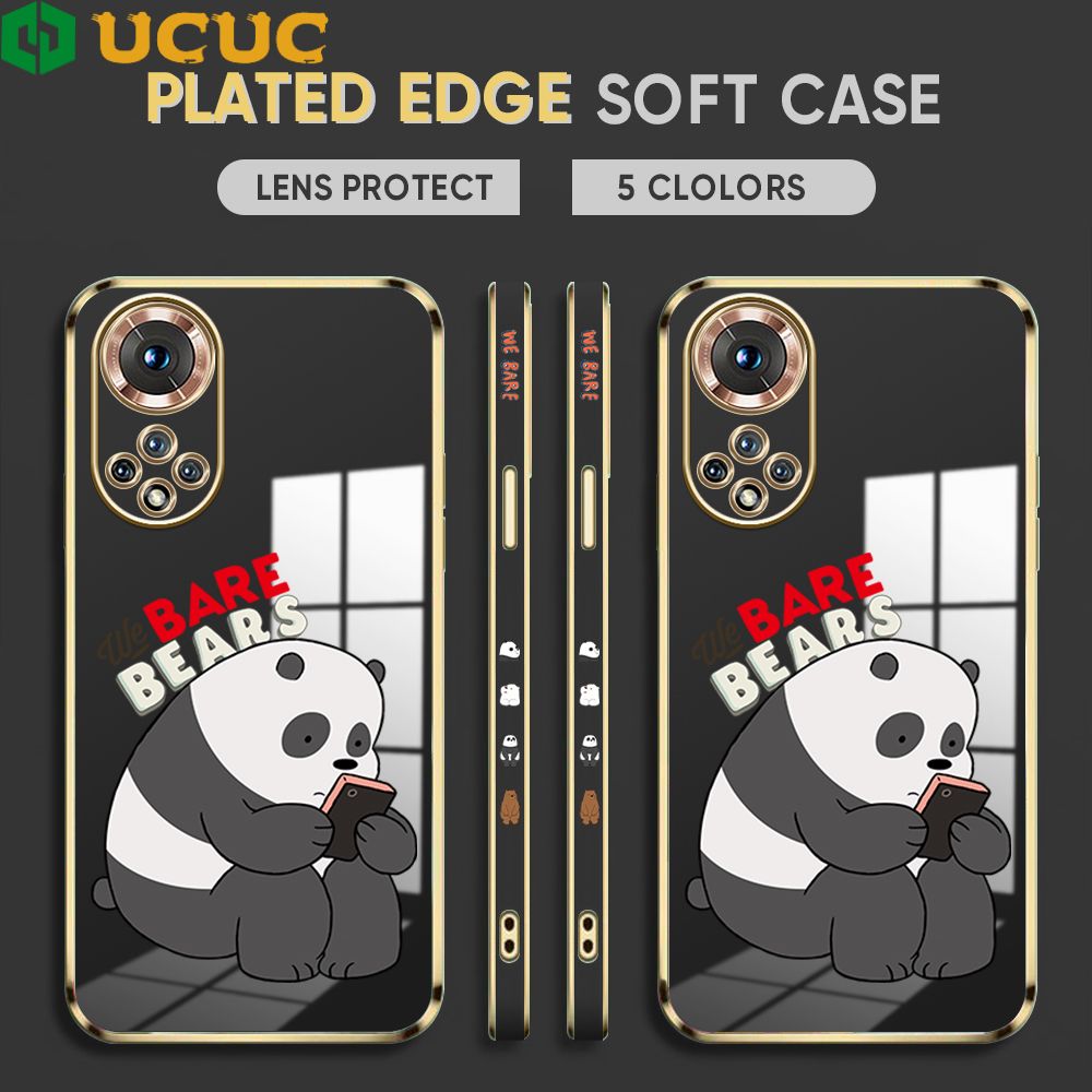 UCUC for Honor 50 Cover Panda Reading Luxury 6D Plating Soft Casing Silicone Square Frame Phone Case Shiny Bling Back Cover + Free Lanyard
