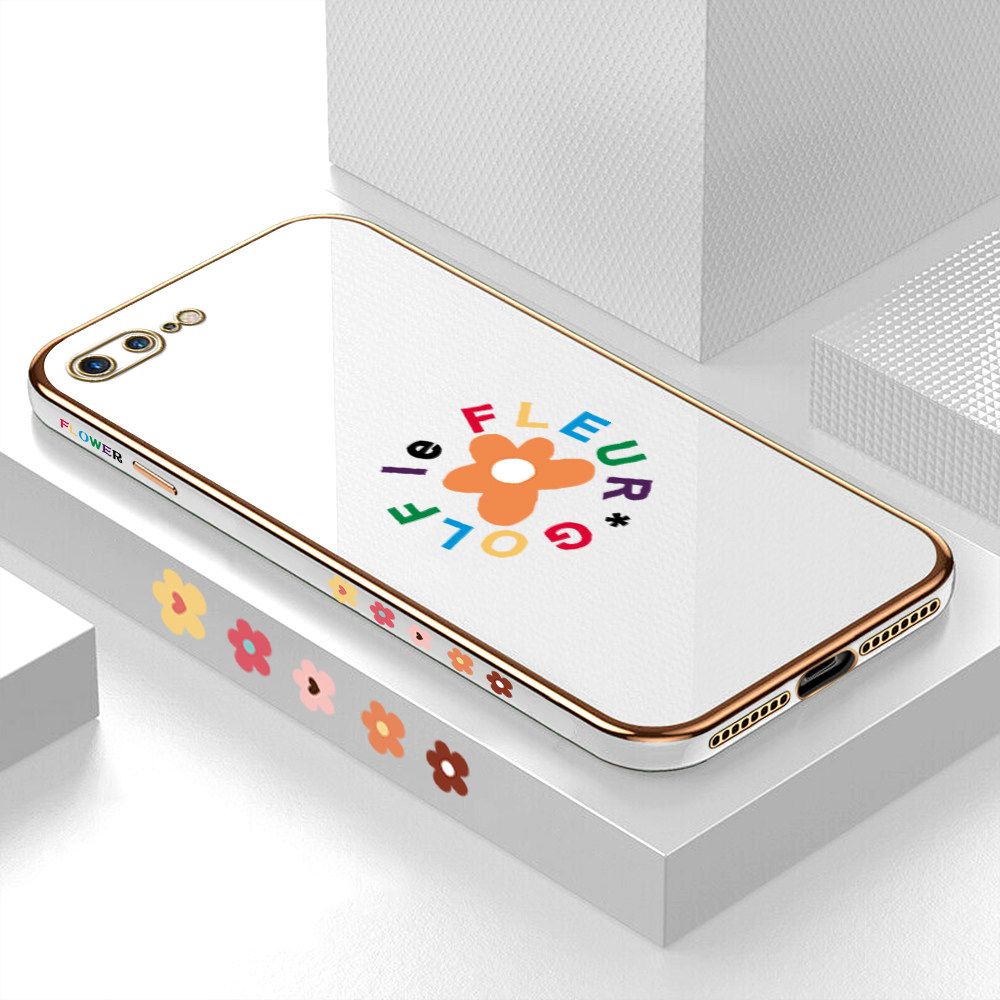 Luxury 6D Plating Case for iPhone 7 Plus Cartoon Flower Side Pattern Back Cover Soft Silicone Square Frame Shiny Bling Phone Cases + Free Lanyard