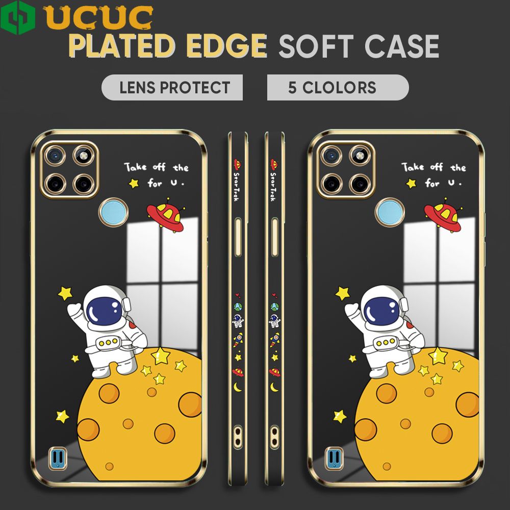 UCUC for Realme C25Y Cover Astronaut Planet Luxury 6D Plating Soft Casing Silicone Square Frame Phone Case Shiny Bling Back Cover + Free Lanyard