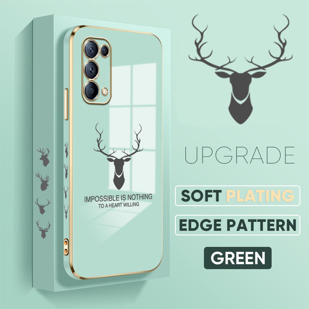 TA for OPPO Reno5 4G / 5G Back Cover + Free Lanyard Simple Antlers Luxury 6D Plating Case Side Pattern Soft Silicone Square Phone Cases
