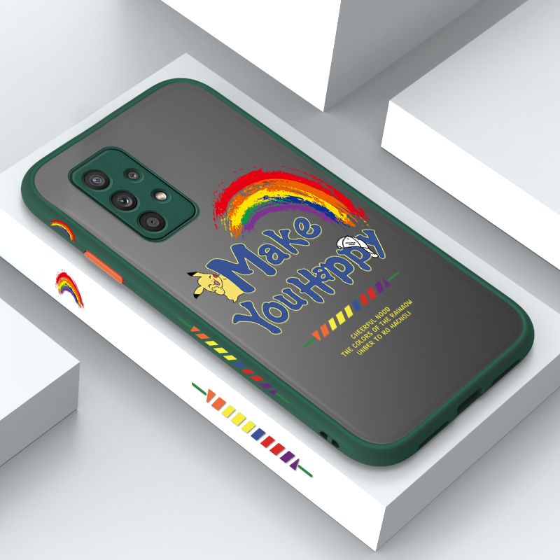 ZeroQiQi for Samsung A52 5G Case Creative Cartoon Rainbow Pikachu Side Printing Cover Frosted Ultra Thin Protective Anti Fall Phone Case
