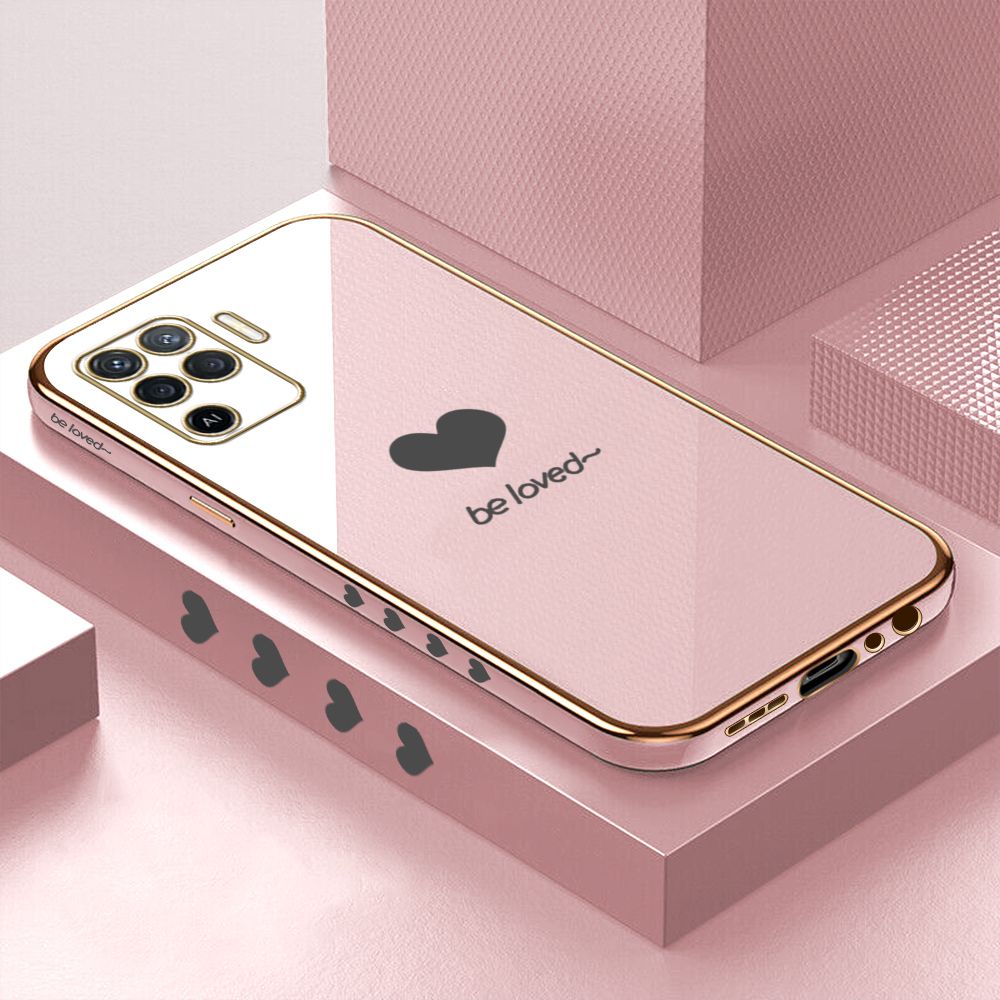 Luxury 6D Plating Case for OPPO Reno5 F Lover Heart Side Pattern Back Cover Soft Silicone Square Phone Cases + Free Lanyard