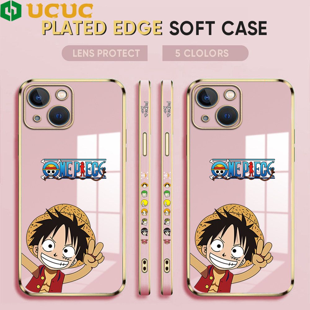 UCUC for iPhone 13 Back Cover + Free Lanyard Wave Luffy Luxury 6D Plating Case Side Pattern Soft Silicone Square Phone Cases