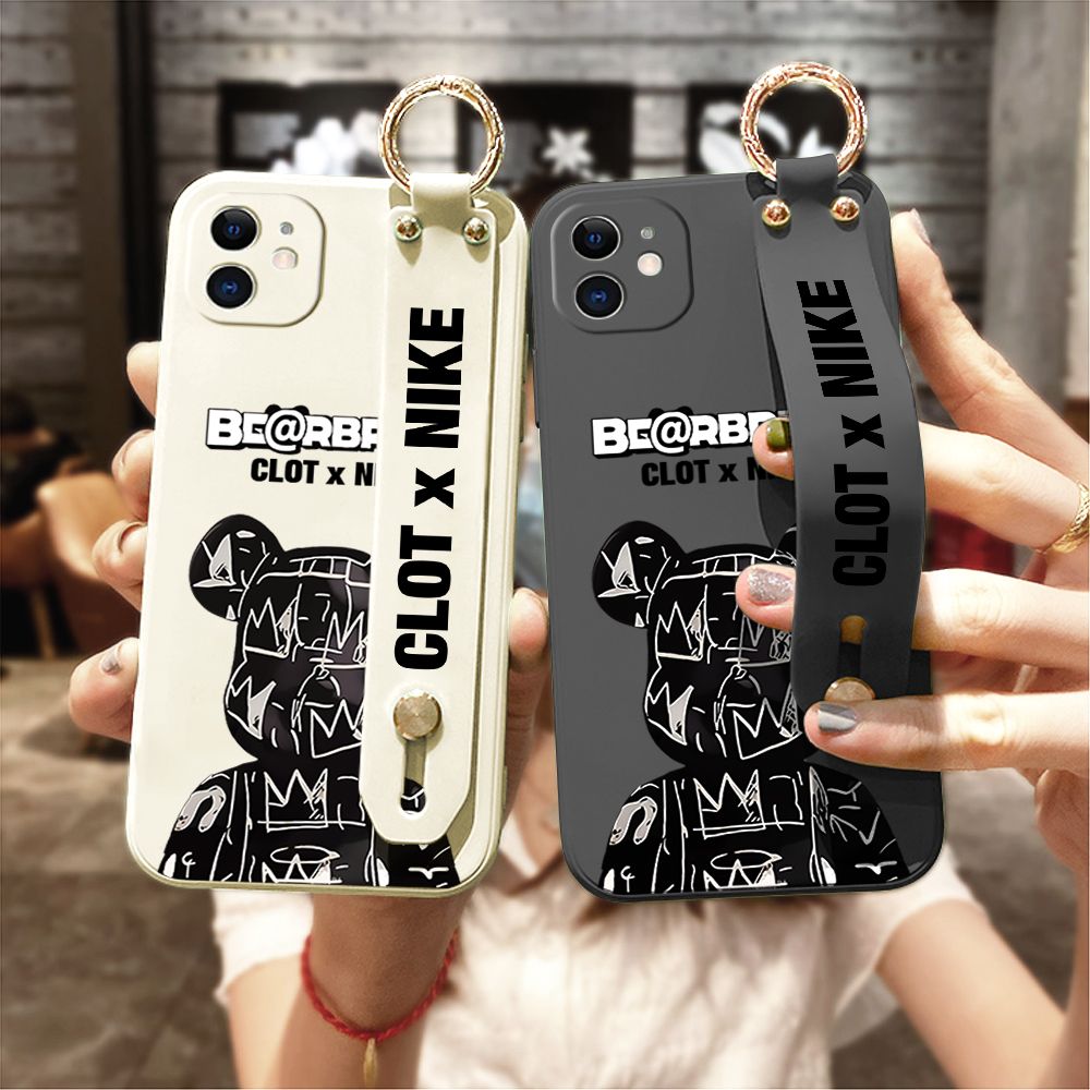 ZeroQiQi for Vivo X50 Pro 5G Wrist Strap Case Fashion Black Brand Bear Phone Case Square Edge Liquid Silicone Cases Full Cover Camera Shockproof Protection Cases