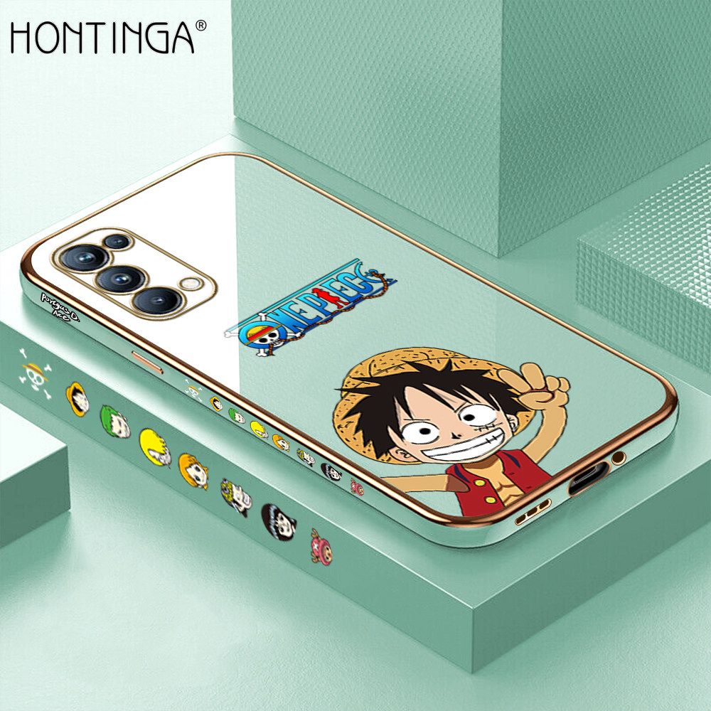 Hontinga for OPPO Reno5 Pro 5G Back Cover + Free Lanyard Luxury 6D Plating Anime Cartoon Happy Luffy Side Pattern Case Soft Silicone Square Mobile Cover