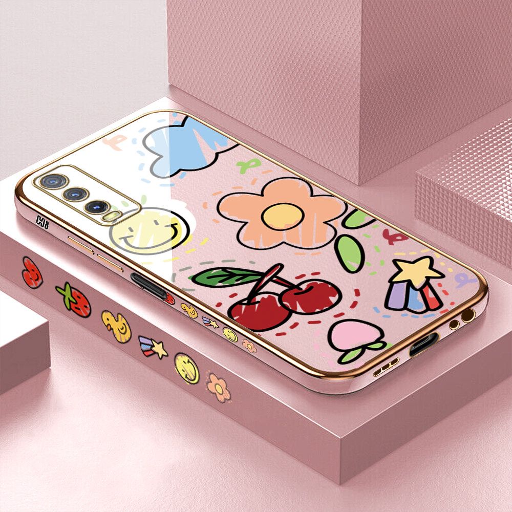 Luxury 6D Plating Case for Vivo Y20 2021 Color Cartoon cherry Peach Side Pattern Back Cover Soft Silicone Square Frame Shiny Bling Phone Cases + Free Lanyard