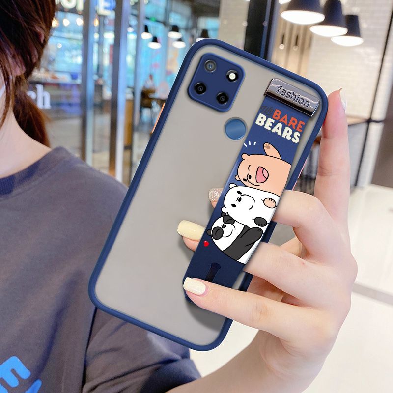 UCUC for Realme C25S Wrist Strap Case Cute Cartoon Three Little Bears Wristband Printing Cover Shockproof Frosted Phone Case