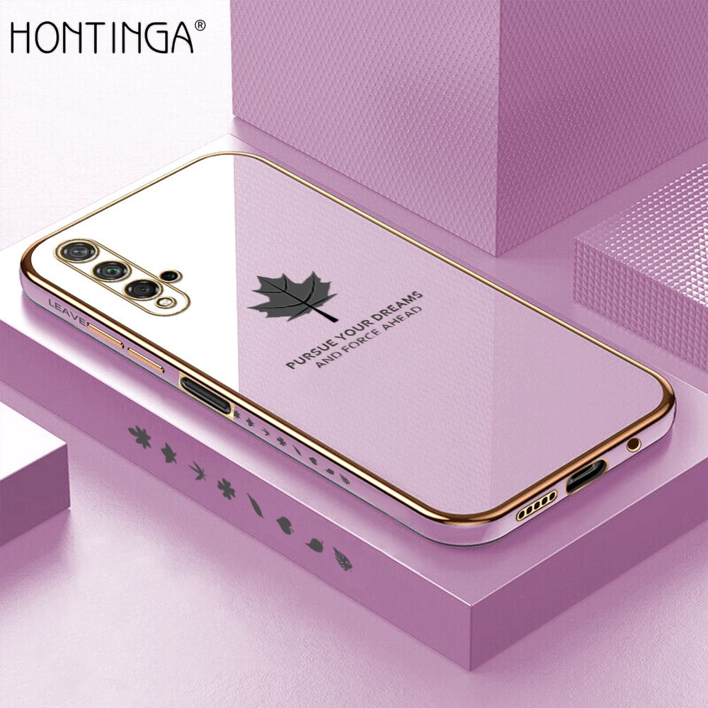 Hontinga for Honor 20 / Huawei Nova 5T Back Cover + Free Lanyard Luxury 6D Plating Maple Leaf Side Pattern Case Soft Silicone Square Phone Cases