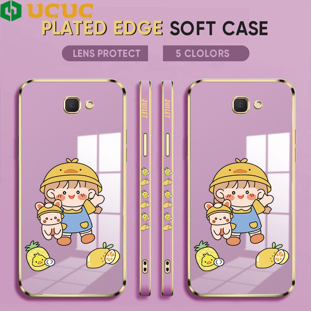 UCUC for Samsung Galaxy J7 Prime Back Cover + Free Lanyard Little Yellow Hat Girl Luxury 6D Plating Case Side Pattern Soft Silicone Square Phone Cases for Girls
