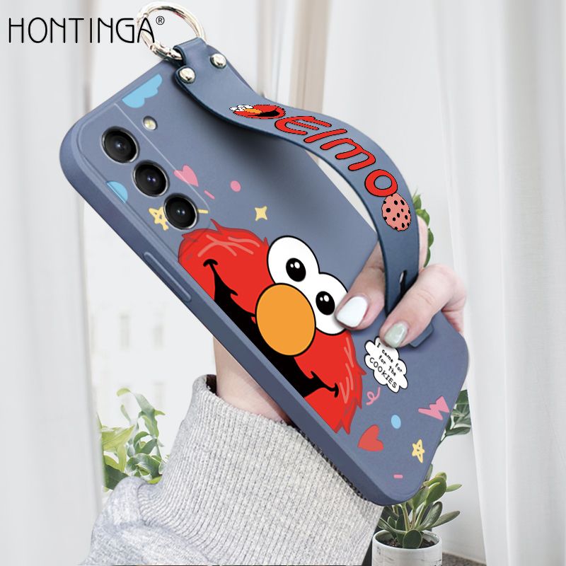 Hontinga for Samsung Galaxy S21 5G Wrist Strap Case Cute Cute Cartoon Little Monster Phone Cover Square Edge Liquid Silicone Case Full Cover Camera Shockproof Protective Cases