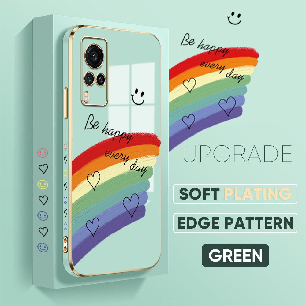 TA for Vivo X60 Back Cover + Free Lanyard Rainbow Doodle Luxury 6D Plating Case Side Pattern Soft Silicone Square Phone Cases