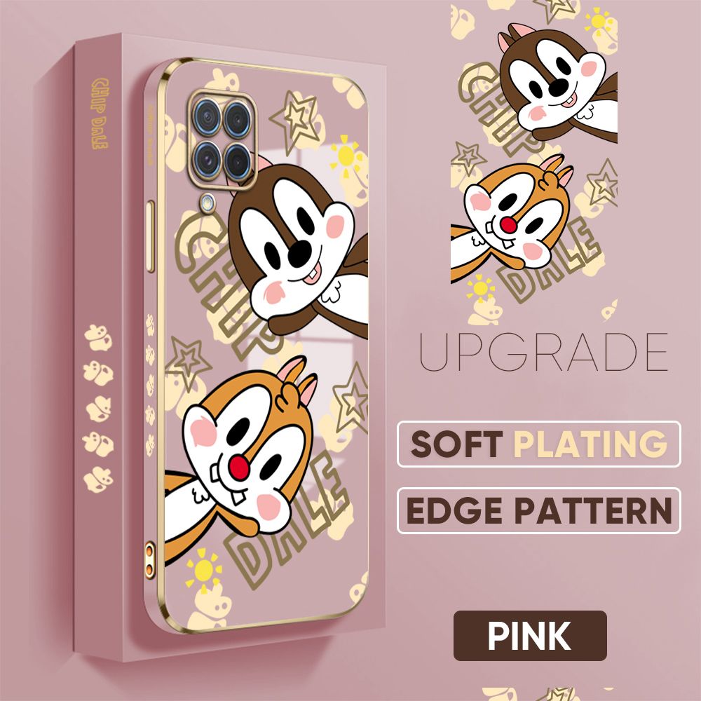 Jizetin (Free Lanyard) Samsung M62 F62 Back Cover Two Chipmunks Luxury 6D Plating Case Side Pattern Soft Silicone Square Mobile Phone Cases