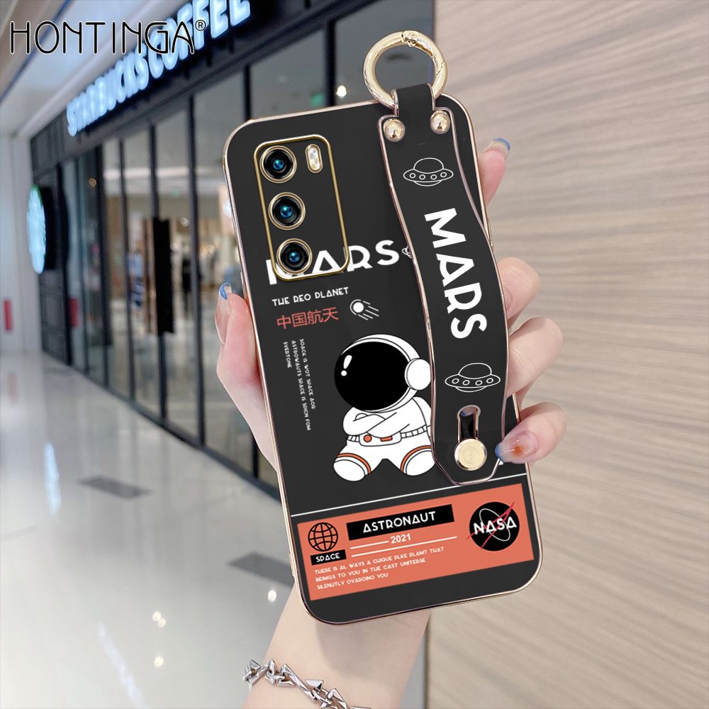 Hontinga for Huawei P40 Back Cover With Wristband Luxury 6D Plating Cute Space Astronaut  Case Soft Silicone Square Phone Cases