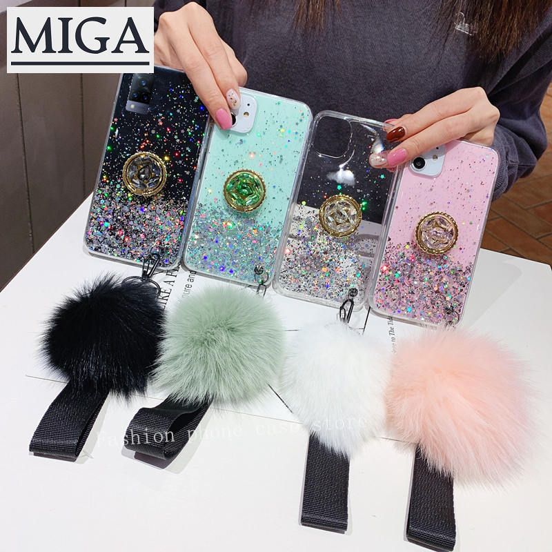 Vivo V21e V21 5G V20 SE Pro  Y31  Y51A Y51  Soft Casing with Crystal Finger Ring Stand and Hair Ball Phone Case Shiny Back Cover Vivo Y30 Y50