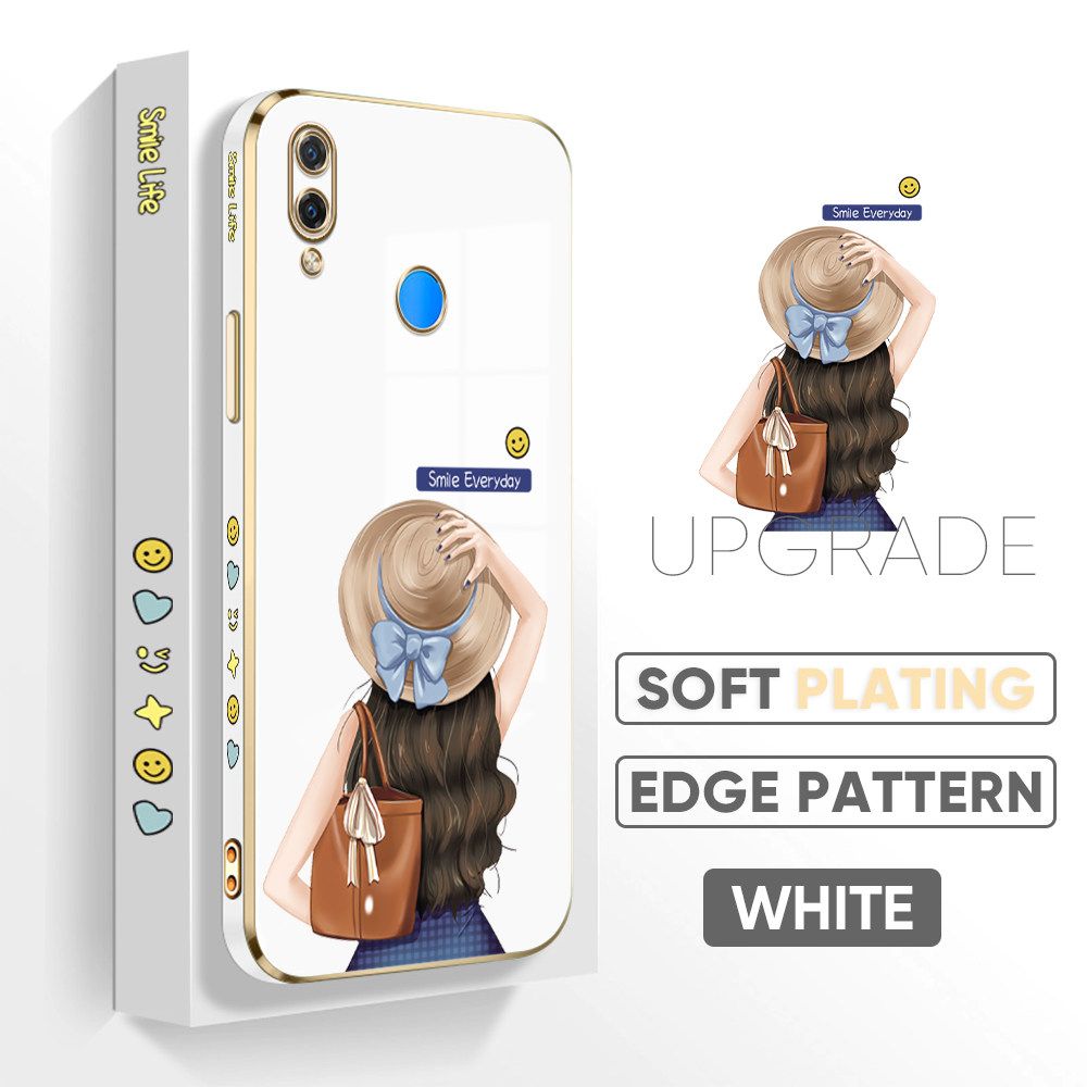 Jizetin (Free Lanyard) Huawei Nova 3i / P Smart Plus Back Cover Girl In Hat Luxury 6D Plating Case Side Pattern Soft Silicone Square Mobile Phone Cases
