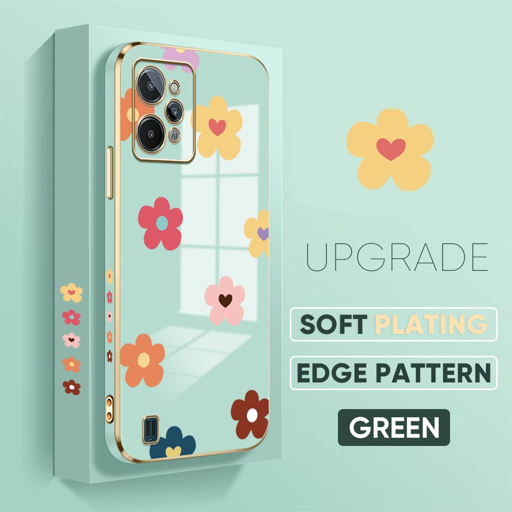 Jizetin (Free Lanyard) Realme C31 Back Cover Falling Flowers Luxury 6D Plating Case Side Pattern Soft Silicone Square Mobile Phone Cases