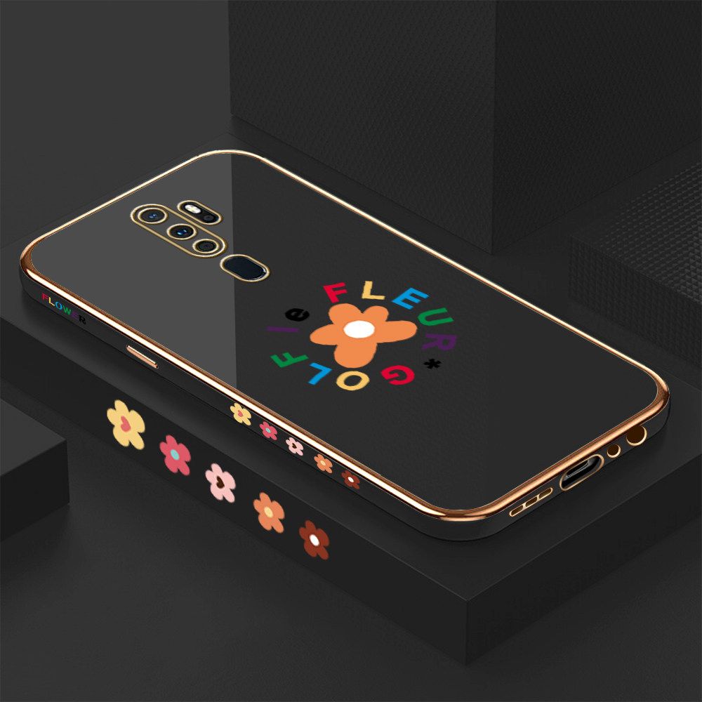 Luxury 6D Plating Case for OPPO A5 2020 Cartoon Flower Side Pattern Back Cover Soft Silicone Square Frame Shiny Bling Phone Cases + Free Lanyard