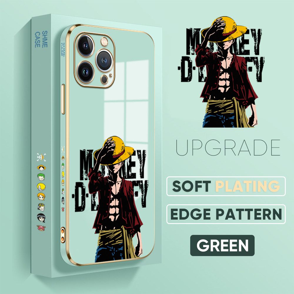 Jizetin (Free Lanyard) iPhone 13 Pro Max Back Cover Holding Cap Luffy Luxury 6D Plating Case Side Pattern Soft Silicone Square Mobile Phone Cases