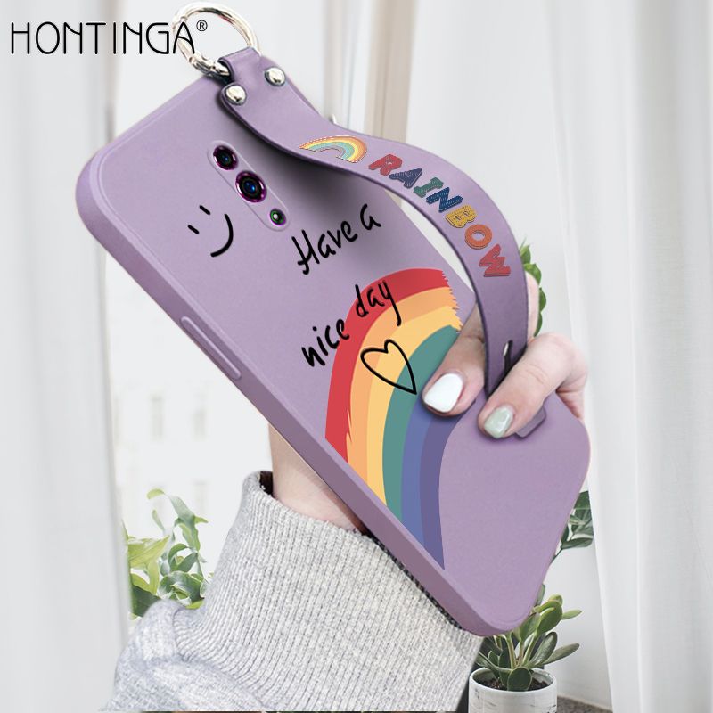 Hontinga for OPPO Reno Wrist Strap Case Lovely Graffiti Rainbow Smile Thin Phone Cover Square Edge Liquid Silicone Creativity Phone Case