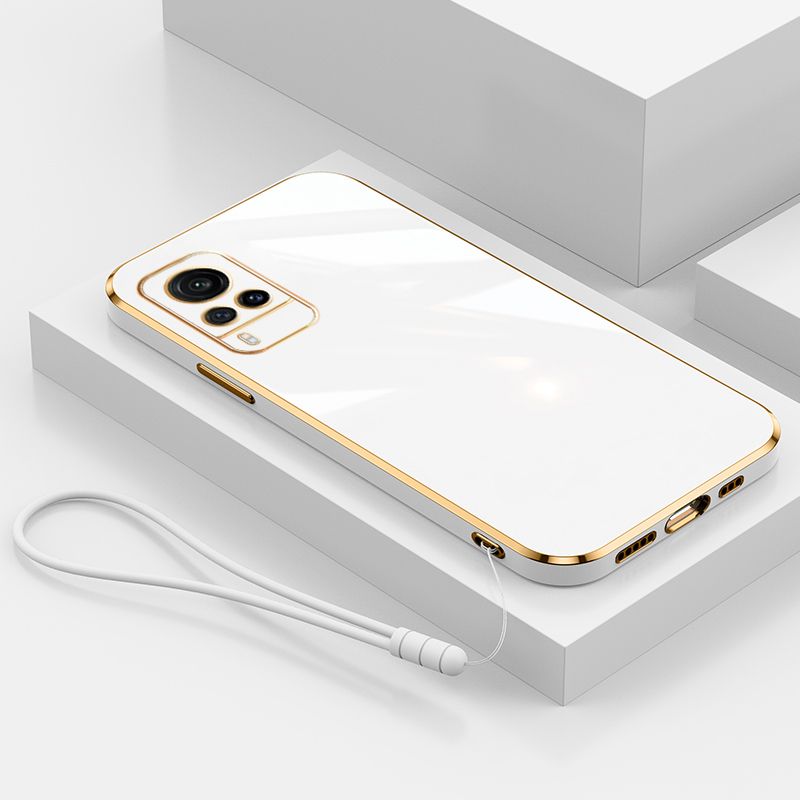 For Vivo X60 Pro Cover with Wrist Strap Fashion Shiny Plating Square Bumper Girls Phone Case Soft TPU Silicone Shockproof Protective Back Cover