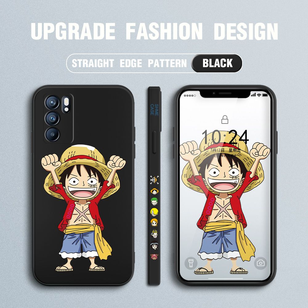 Jizetin for OPPO Reno6 5G Case Anime One-Piece Monkey D. Luffy Anime Side Design Phone Case Square Edge Pattern Liquid Silicone Cases Full Cover Camera Shockproof Protective Case
