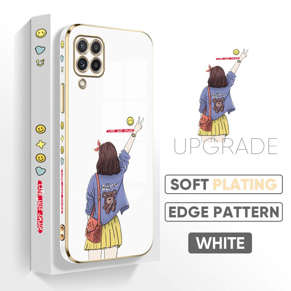 TA for Samsung Galaxy A22 M22 Back Cover + Free Lanyard Happy Girl Luxury 6D Plating Case Side Pattern Soft Silicone Square Phone Cases