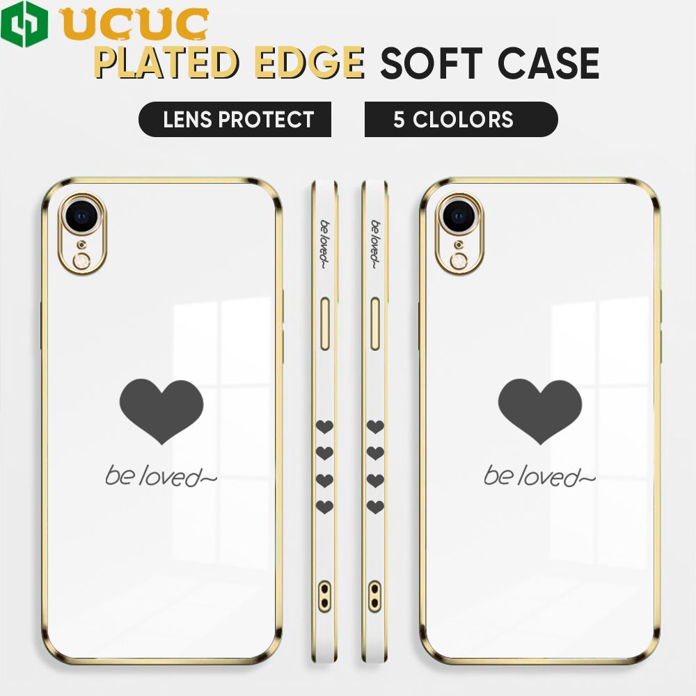 UCUC for iPhone XR Back Cover + Free Lanyard Lover Heart Luxury 6D Plating Case Side Pattern Soft Silicone Square Phone Cases