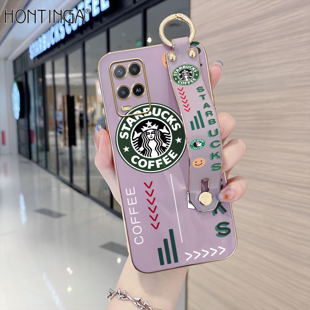 Hontinga for OPPO A54 / A54 2021 Back Cover With Wristband Luxury 6D Plating Coffee Sign Case Soft Silicone Square Phone Cases