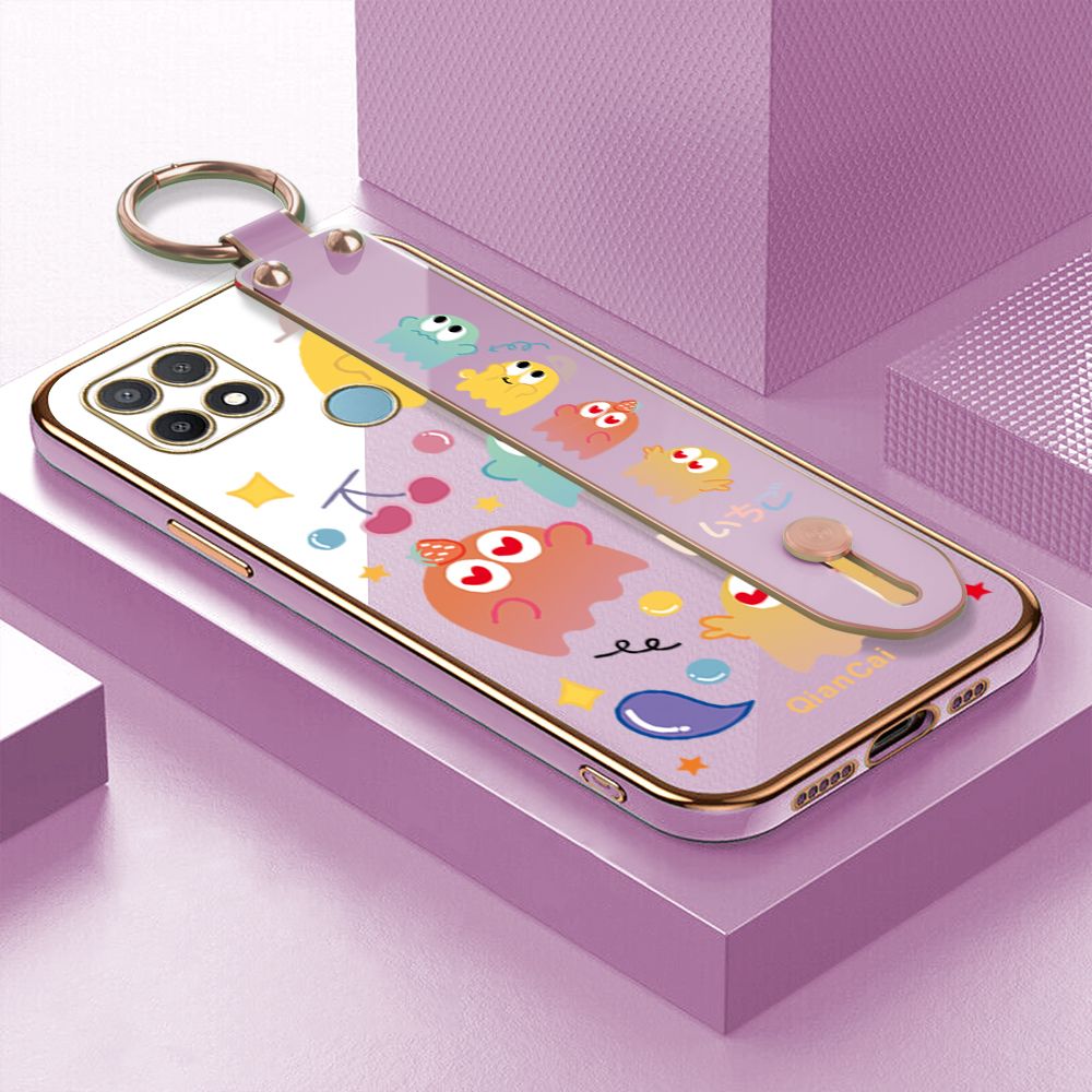Jizetin for OPPO A15 / A15S Back Cover Bean Monster Luxury 6D Plating Wrist Strap Phone Cases Soft Silicone Square Mobile Phone Case