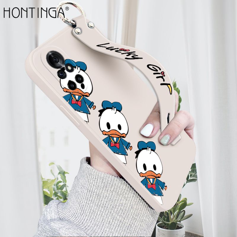 Hontinga for Huawei Nova 8 Pro Wrist Strap Case Cute Cartoon Little Duck Phone Case Square Edge Liquid Silicone Case Full Cover Camera Shockproof Protective Cases
