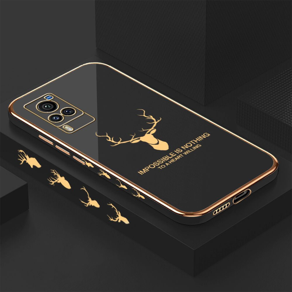 Luxury 6D Plating Case for Vivo X60 Pro Alphabet Lucky Deer Side Pattern Back Cover Soft Silicone Square Frame Shiny Bling Phone Cases + Free Lanyard