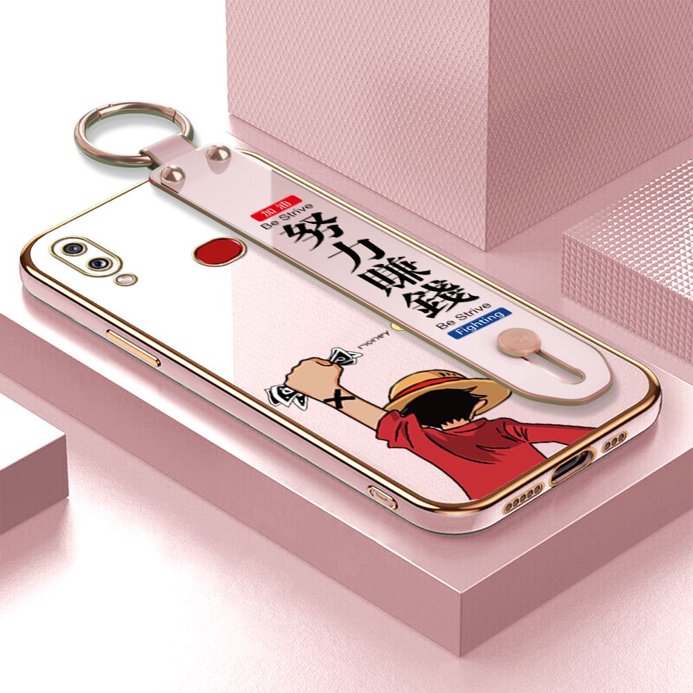 TA for Samsung A10S Wrist Strap Back Cover Struggle Luffy Fashion Luxury 6D Plating Soft Casing Silicone Square Frame Phone Case